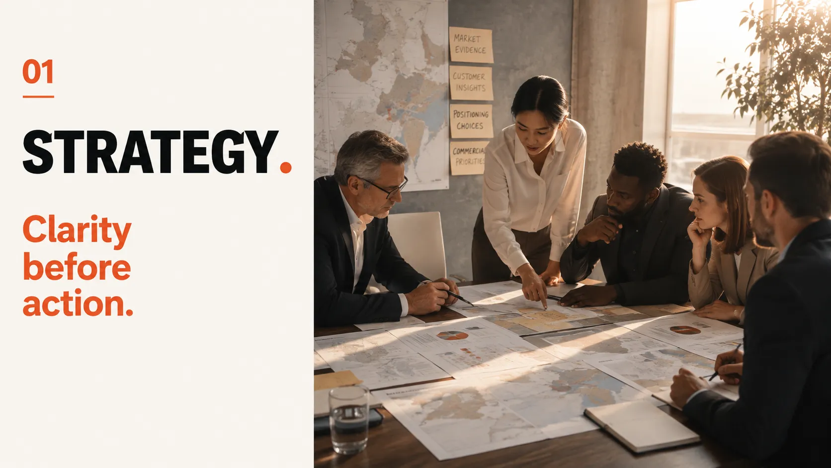 01 Strategy. Clarity before action. — a team works over market evidence, customer insights, positioning choices and commercial priorities spread across a table.