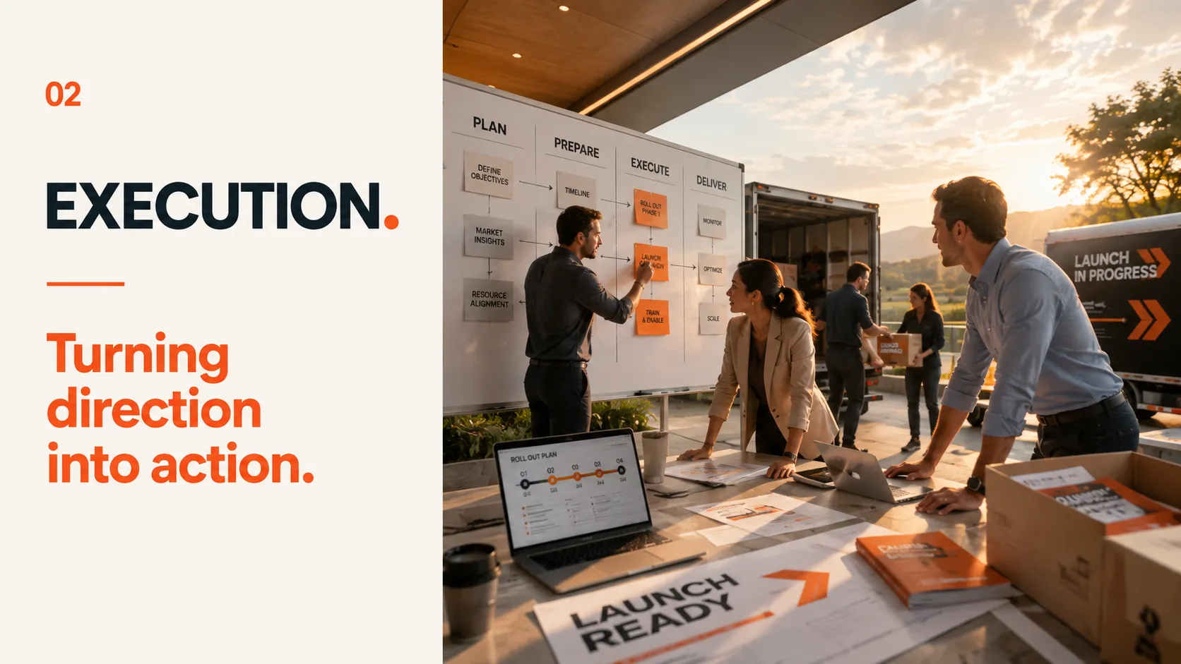 02 Execution. Turning direction into action. — a team maps a plan-to-deliver rollout on a board while a launch is loaded and prepared behind them.