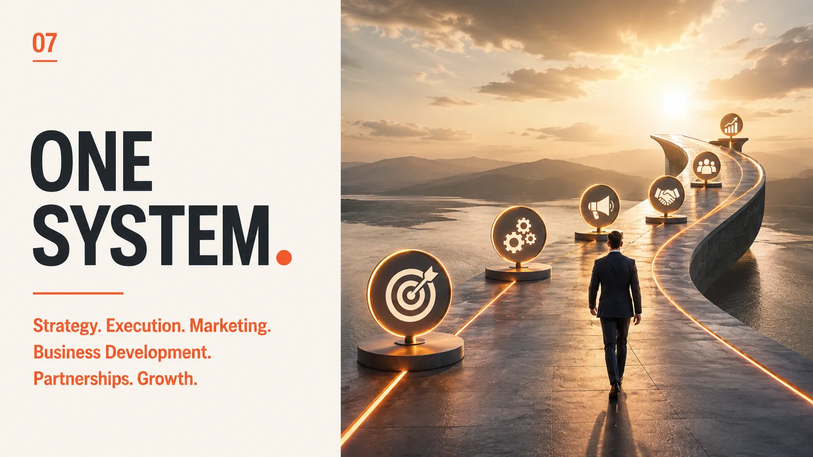 07 One System. Strategy. Execution. Marketing. Business Development. Partnerships. Growth. — a single lit path threading through each discipline in turn toward the horizon.